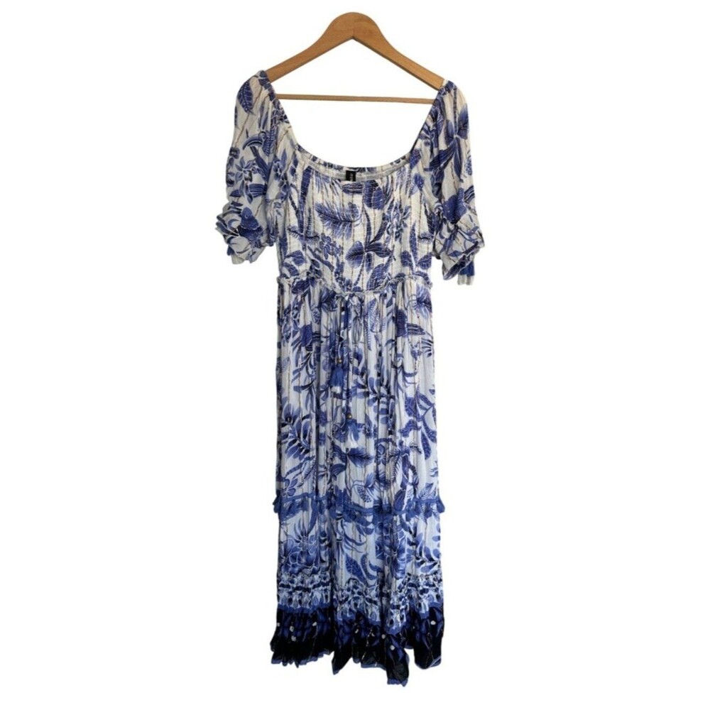 Me 2 Magic Anthropologie Sz M Blue Boho Metallic Tiered Dress Resortwear